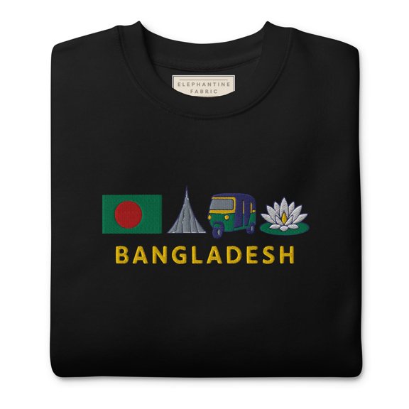 Bangladesh Embroidered Sweatshirt – National Icons Design | Flag, Rickshaw, Water Lily & Monument | Cozy Cultural Gift