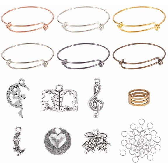 Bangle Bracelet Making Kit Adjustable Expandable Bangle Bracelets Wire Blank Bracelets 100 pcs Jump Rings 60 pcs Tibetan Style Alloy Pendant Charms for Jewelry DIY Craft Making Mixed Color