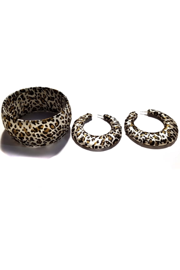 Bangle and Earring Set Leopard Print Brown Spot 2.5 inch Hoops