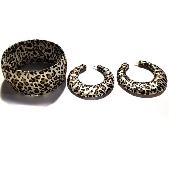 Bangle and Earring Set Leopard Print Brown Spot 2.5 inch Hoops