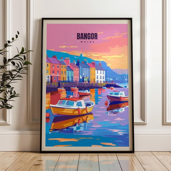 Bangor Wales Travel Print, Colorful Seafront Illustration, Unframed Paper Poster 16x20in