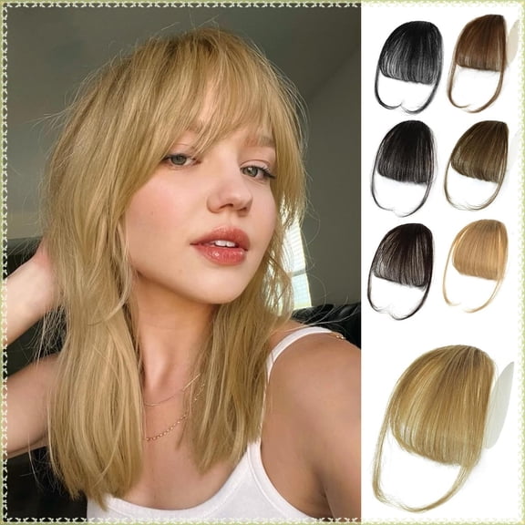 Bangs Hair Clip in Bangs 100% Real Human Hair Extensions Wispy Bangs Clip on Air Bangs for Women Fringe with Temples Hairpieces Curved Bangs for Daily Wear (Wispy Bangs, Color #Greyish gold)