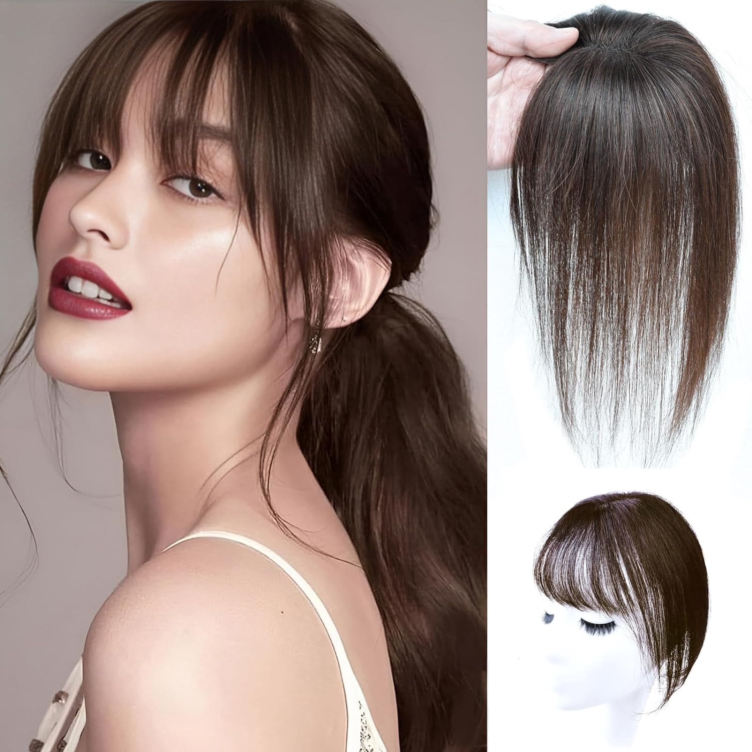 Bangs Hair Clip, Clip in Bangs Hair Toppers for Women 100% Real Human Hair, Clip on Bangs 360° 3D Cover Wispy Fake Clip in Hair Extensions for Women Daily (Dark Brown)