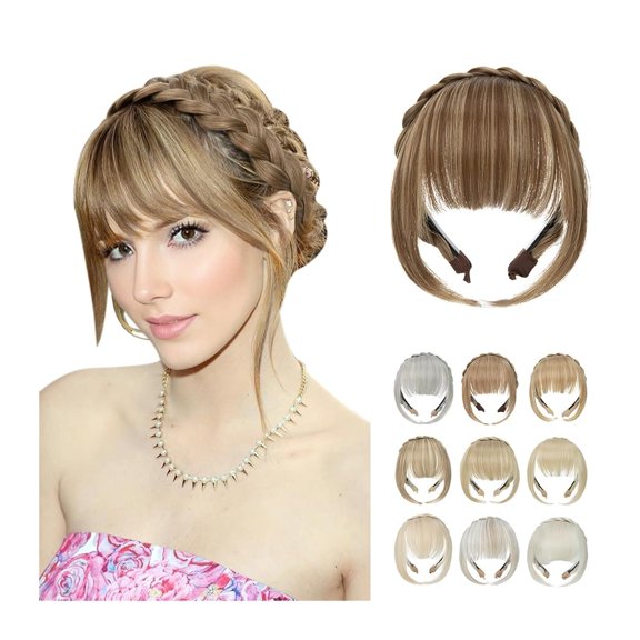Bangs Synthetic Headband Bangs Extension Fake Hair Blunt Fringe with Long Sides for Women Natural False Black Brown Blonde Bang Bangs Hair Clip(Color:22-613) 22-613