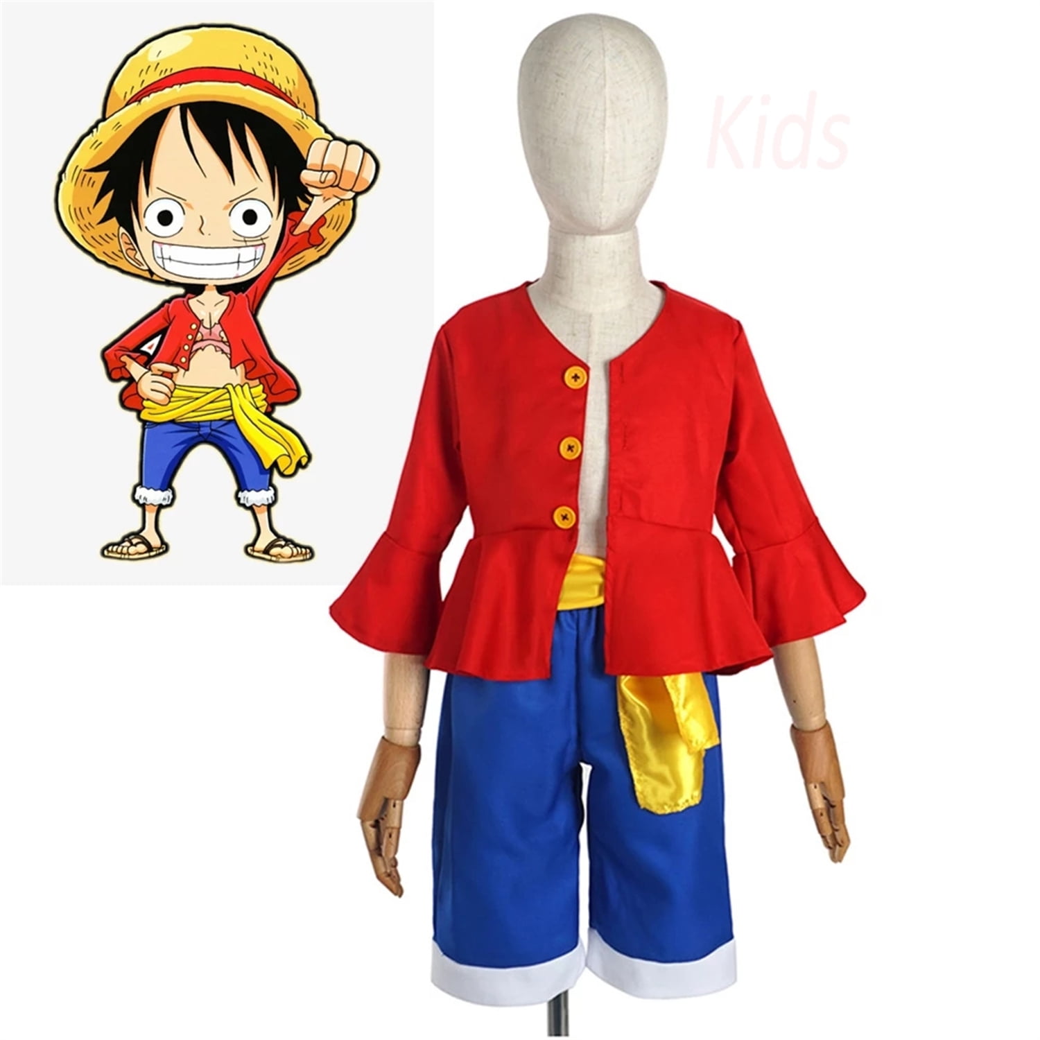 Bangyan Anime One Piece Monkey D. Luffy Cosplay Costume Halloween Party  Suit Red Blue Top Pants Girdle Aldult Men Women(M) 