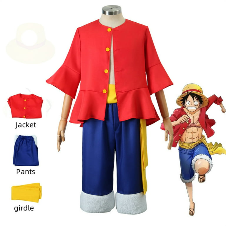 Bangyan Anime One Piece Monkey D Luffy Cosplay Costume Red Shirt Blue  Shorts Kids Halloween Christmas Parties Cosplay Costume(M) 