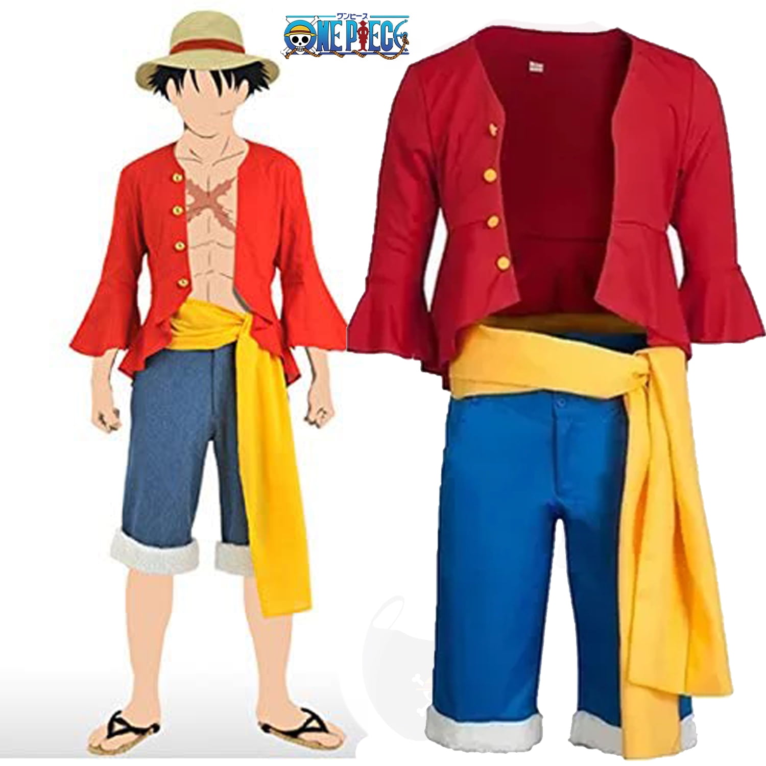 Bangyan Anime One Piece Monkey D. Luffy Costume Men Boys Halloween Party  Country Uniform Top Pants Cartoon Dress(Chlid 140)