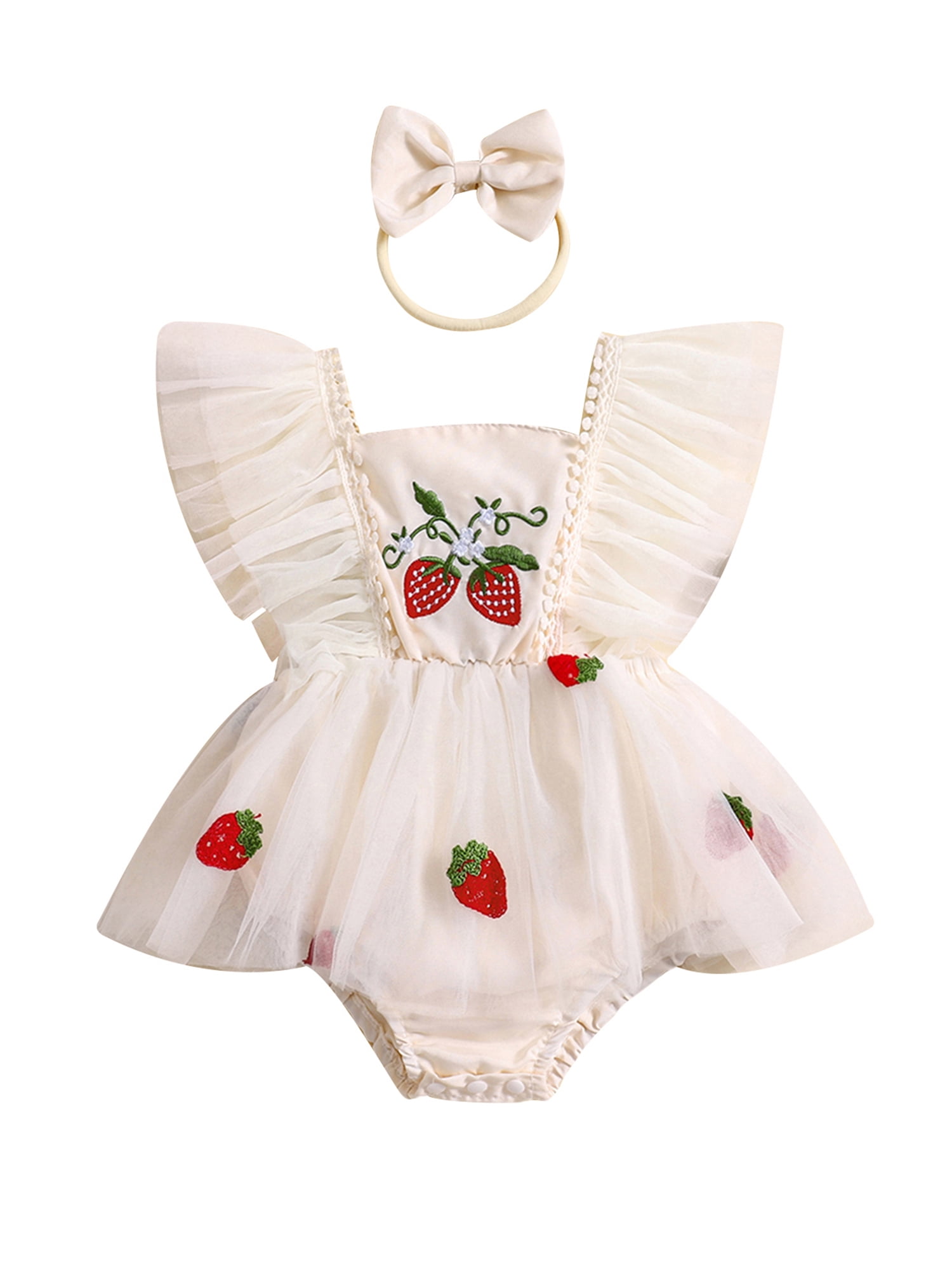 Newborn Baby Girl Lace Romper Dress With Tutu & Headband - Floral Embroidery, Fly Sleeve, Summer Outfit 3 thumbnail image