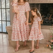Bangyeer Mommy and Me Matching Dresses Family Strawberry print lace Edge Summer Casual Boho Dress