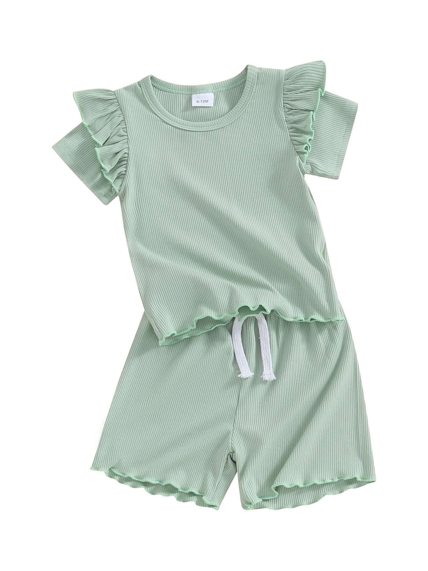 Xdegoge Toddler Girl Clothes Summer Outfits Cute Print Ruffled Sleeve Crew Neck Ruffle Hem Waist Tie Short Sleeve Long Pants Set 2 Piece Set Kids 2 7