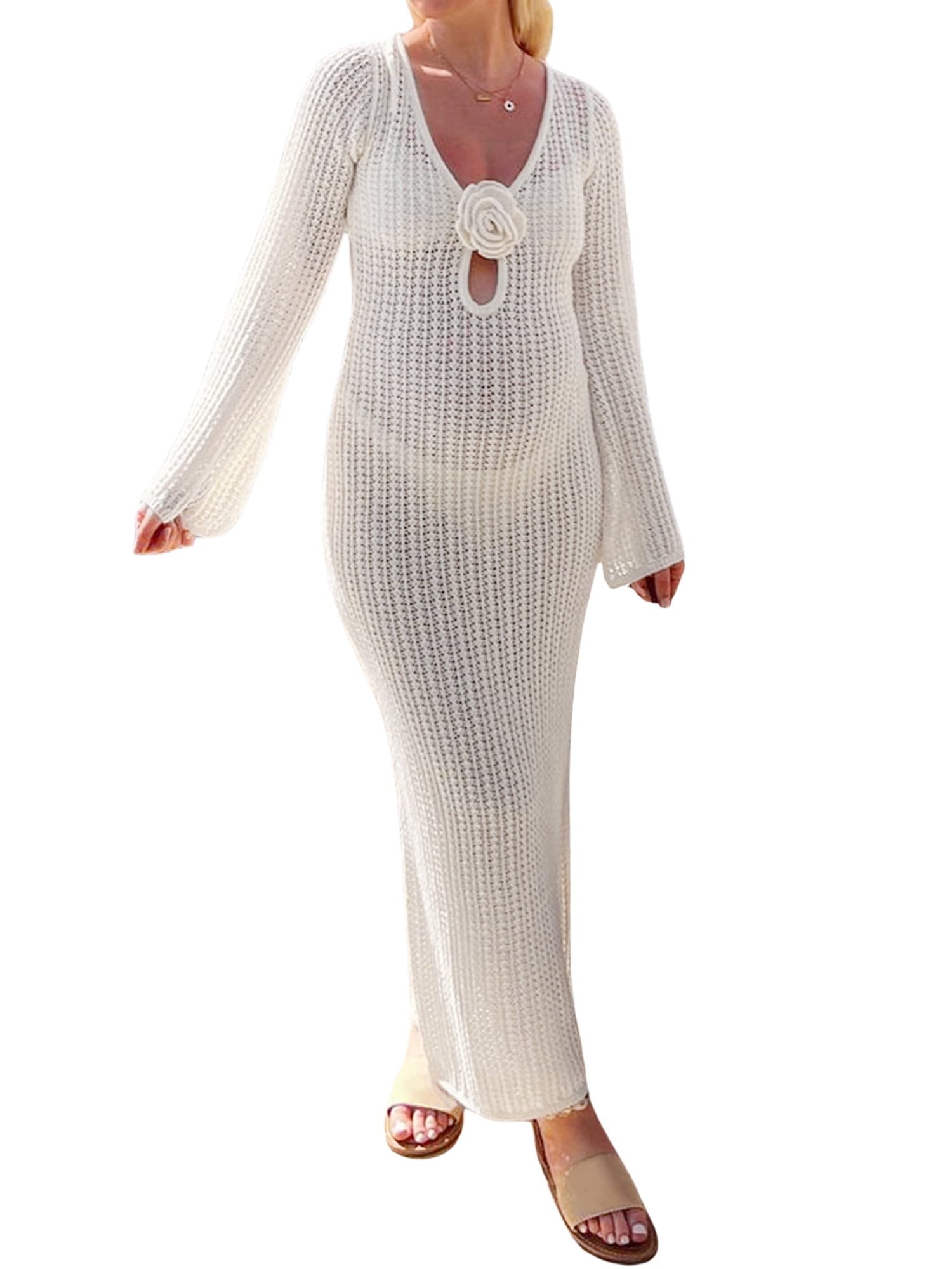 Bangyeer Women Crochet Knit Beach Dress Flower Hollowed Long Sleeve