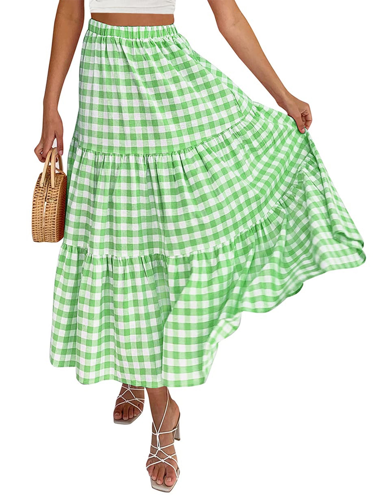 【PORTERNA】Wilsea Check Long Skirt Bangyeer Women Summer Plaid Print Long Skirt Casual Elastic