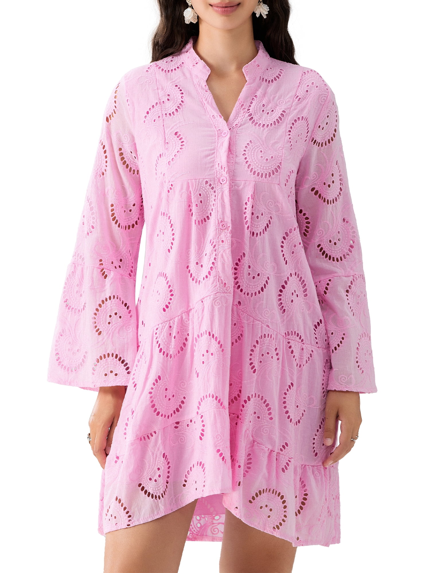 Bangyeer Women V Neck Dress Floral Dress Long Sleeve Button Loose A ...