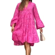 Bangyeer Women V Neck Dress Floral Dress Long Sleeve Button Loose A Line Short Dress