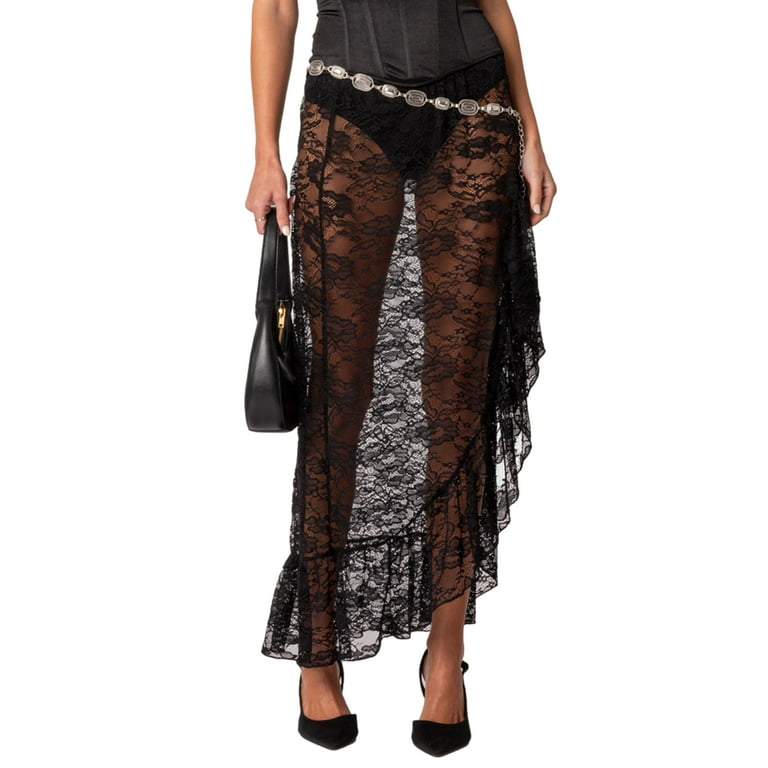 Bangyeer Women Y2k Lace Maxi Skirt Summer See Through Long Lace Skirt  Casual Boho Fairy Grunge Midi Lace Skirt