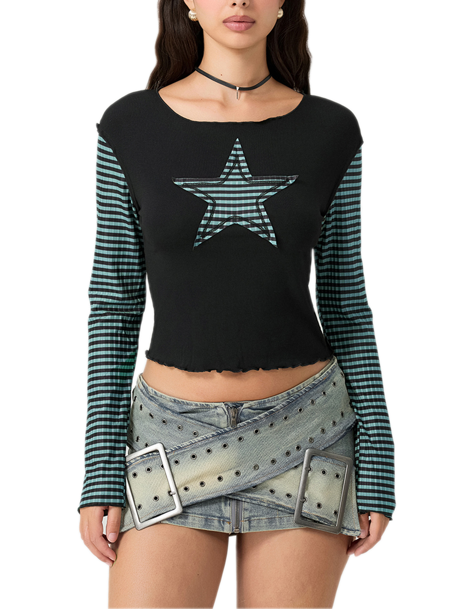 Bangyeer Women's Vintage Shirts Crop Tops Long Sleeve Star Stripes ...