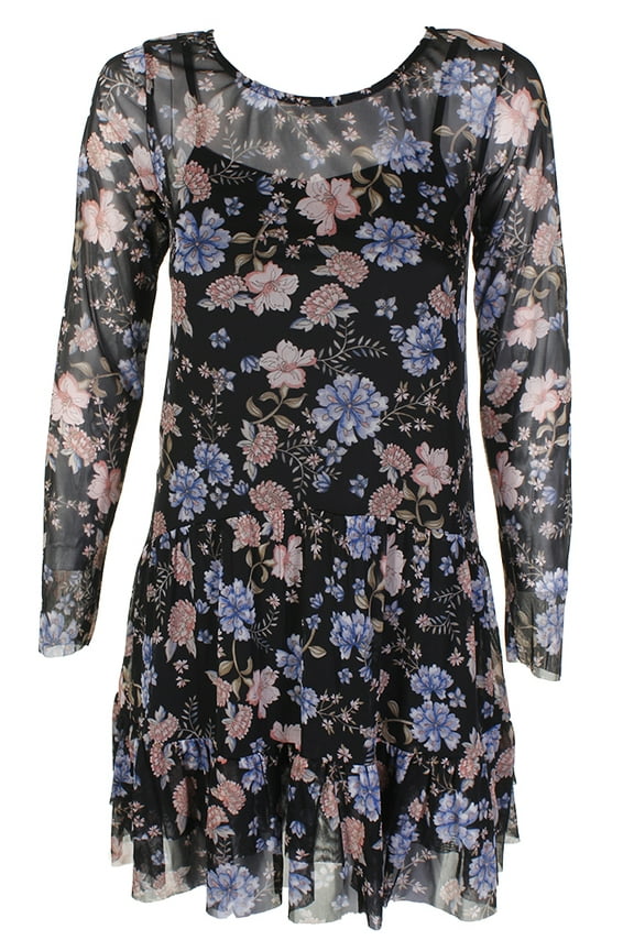 Black Multi Long-Sleeve Printed Drop Waist Floral Print Dress S