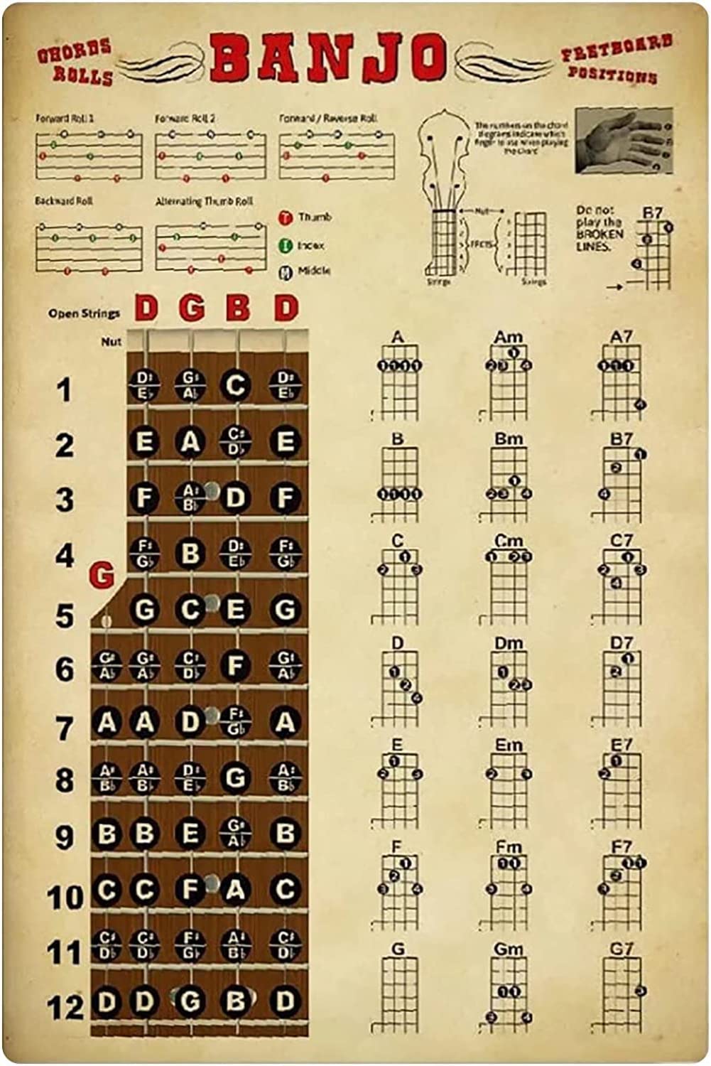 Banjo Knowledge Metal Signs Chords Rolls Banjo Fretboard Positions Posters Banjo Beginner's
