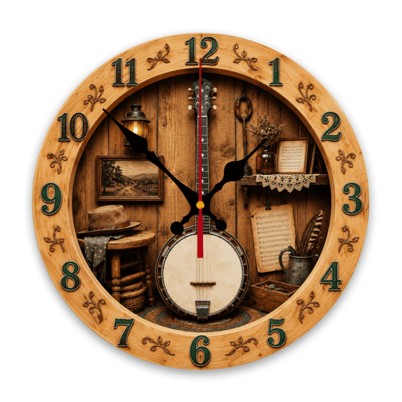 Banjo and lantern motif Design 10 inch Round Wooden Wall Clock, Silent, Great for Study Room, Bathroom, Balcony, Indoor Decor, Independence Day, Thanksgiving, Wooden Frame Battery Powered (AA