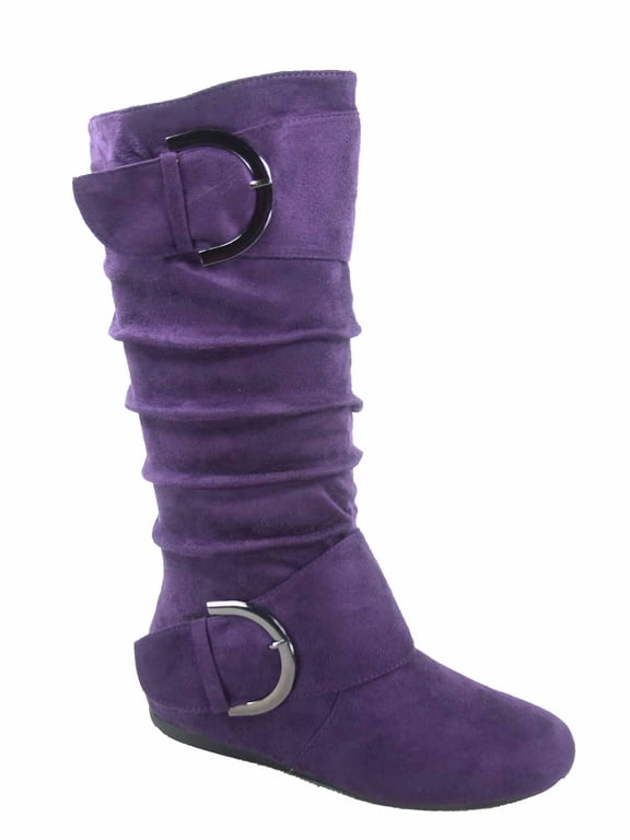 Women's Boots Zipper Big Buckle Slouch Mid Calf Flat Heel Round Toe Purple, Size 10