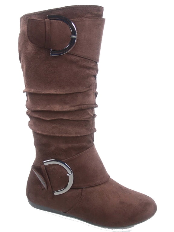 Bank-81 Women's Fashion Zipper Big Buckle Slouch Casual Flat Heel Mid Calf Round Toe Boots