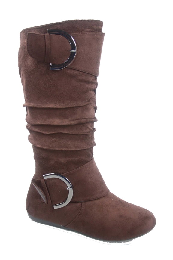 Bank-81 Women's Fashion Zipper Big Buckle Slouch Casual Flat Heel Mid Calf Round Toe Boots