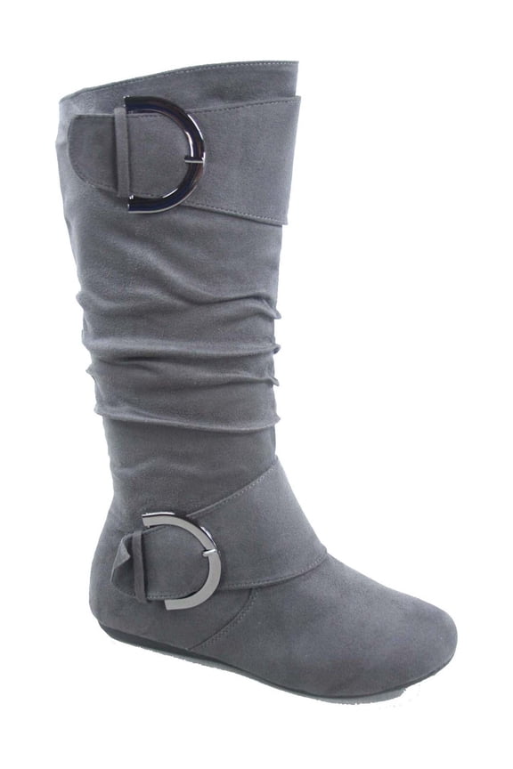 Bank-81 Women's Fashion Zipper Big Buckle Slouch Casual Flat Heel Mid Calf Round Toe Boots