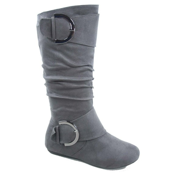 Bank-81 Women's Fashion Zipper Big Buckle Slouch Casual Flat Heel Mid Calf Round Toe Boots
