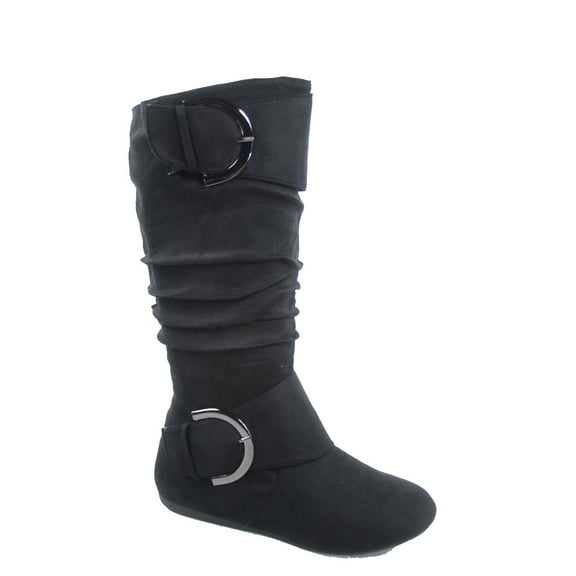 Bank-81 Women's Fashion Zipper Big Buckle Slouch Casual Flat Heel Mid Calf Round Toe Boots