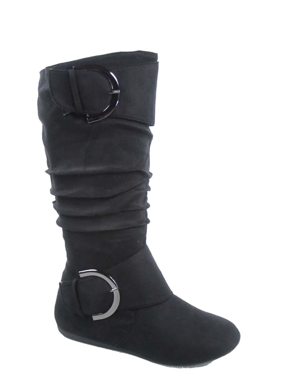 Bank-81 Women's Fashion Zipper Big Buckle Slouch Casual Flat Heel Mid Calf Round Toe Boots