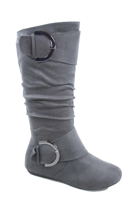 Bank-81 Women's Fashion Zipper Big Buckle Slouch Casual Flat Heel Mid Calf Round Toe Boots