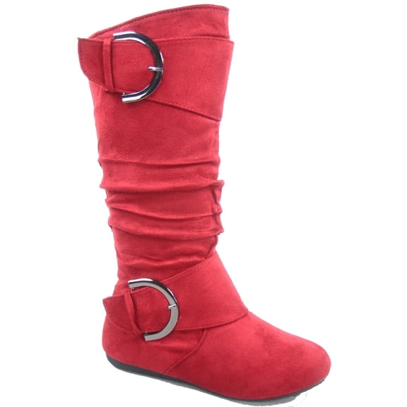 Bank-81 Women's Fashion Zipper Big Buckle Slouch Casual Flat Heel Mid Calf Round Toe Boots