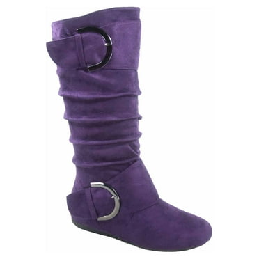 Bank-81 Women's Fashion Zipper Big Buckle Slouch Casual Flat Heel Mid Calf Round Toe Boots
