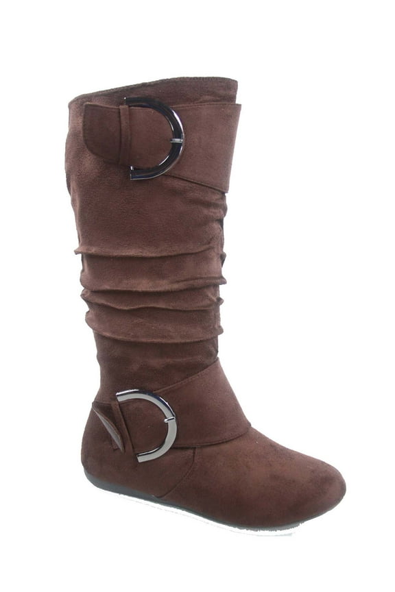 Bank-81 Women's Fashion Zipper Big Buckle Slouch Casual Flat Heel Mid Calf Round Toe Boots