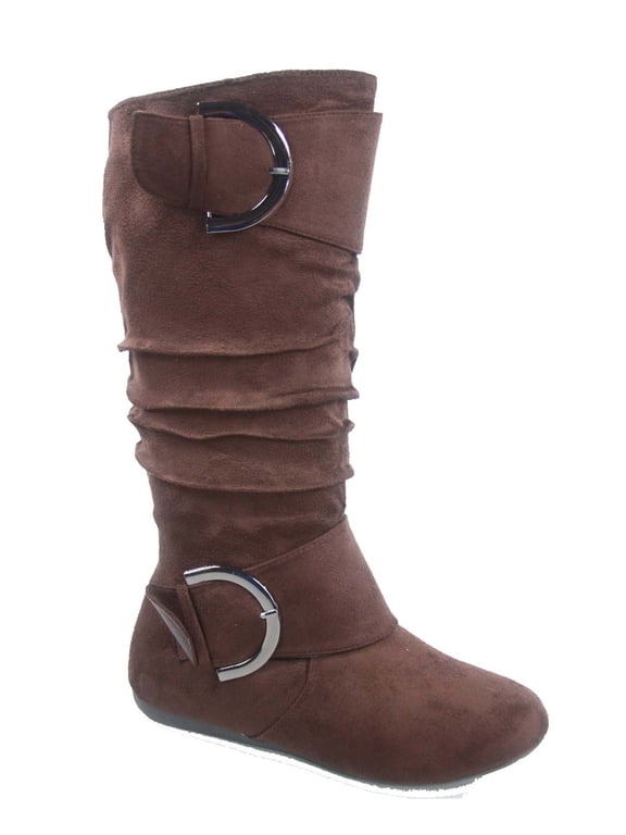 Bank-81 Women's Fashion Zipper Big Buckle Slouch Casual Flat Heel Mid Calf Round Toe Boots