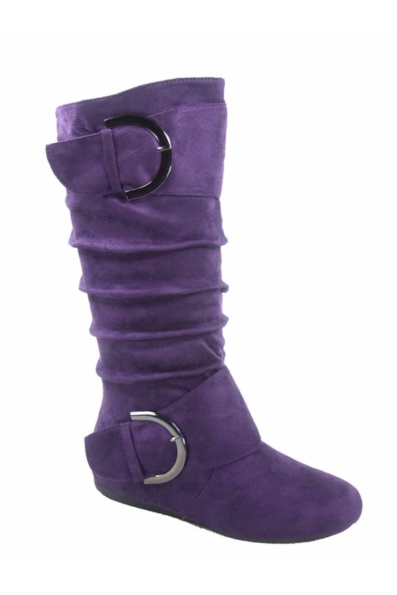 Bank-81 Women's Fashion Zipper Big Buckle Slouch Casual Flat Heel Mid Calf Round Toe Boots