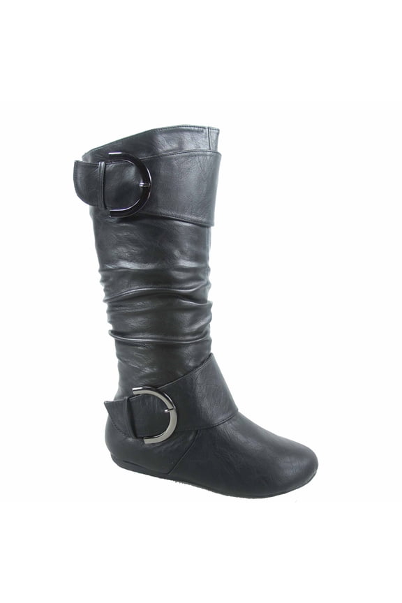 Bank-85 Women's Fashion Zipper Big Buckle Slouch Casual Flat Heel Mid Calf Round Toe Boots