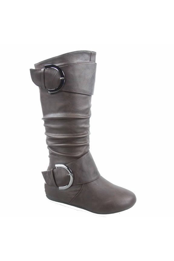 Bank-85 Women's Fashion Zipper Big Buckle Slouch Casual Flat Heel Mid Calf Round Toe Boots