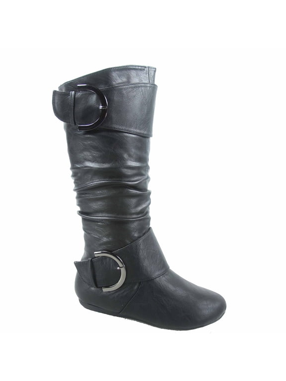 Bank-85 Women's Fashion Zipper Big Buckle Slouch Casual Flat Heel Mid Calf Round Toe Boots