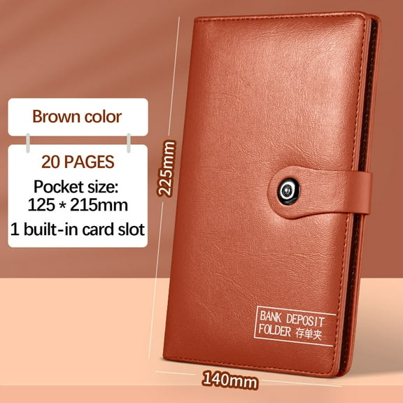 Bank Deposit Organizer | Check and Promissory Note Folder | Document Wallet for Bills and Receipts | Passbook and Savings Record Holder | Leather Cover with Clear PVC Pages