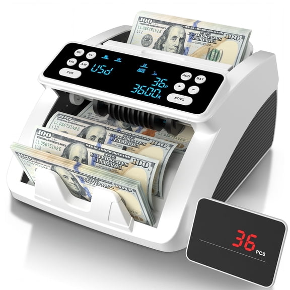 Money Counter Machine for USD EUR, UV MG IR Counterfeit Detection, Add Batch Auto, LED Display