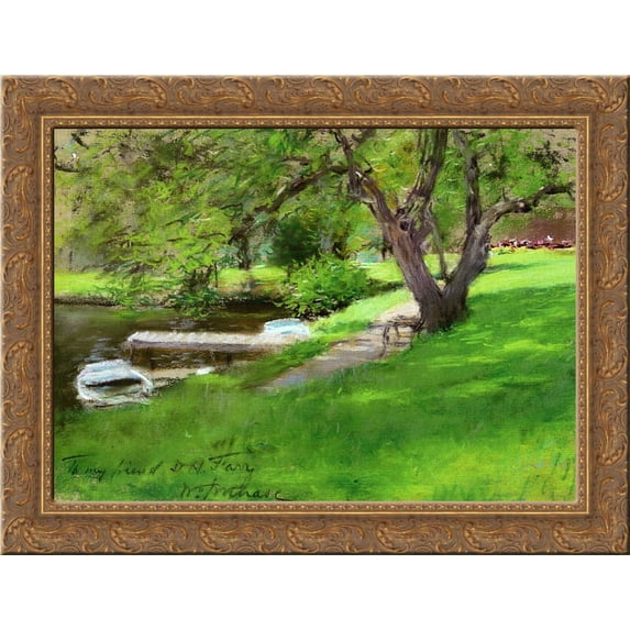 Bank of a Lake in Central Park 24x18 Gold Ornate Wood Framed Canvas Art by William Merritt Chase