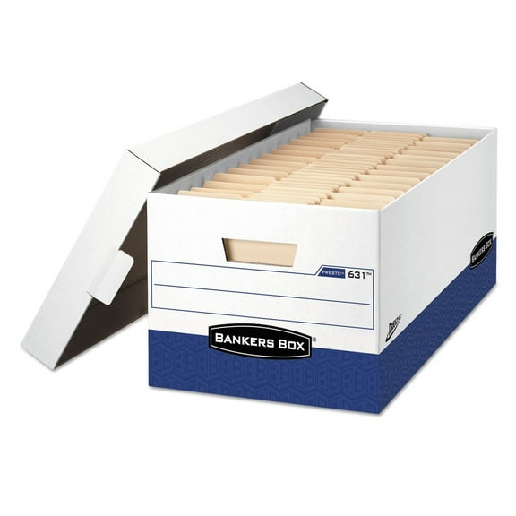 Bankers Box 0063101 PRESTO 13 in. x 25.38 in. x 10.5 in. Heavy-Duty Letter Files Storage Boxes - White/Blue (12/Carton)