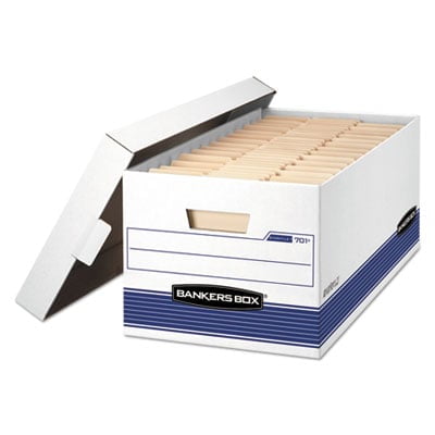 Bankers Box 0070104 STOR/FILE Storage Box, Letter, Locking Lid, White/Blue, 4/Carton