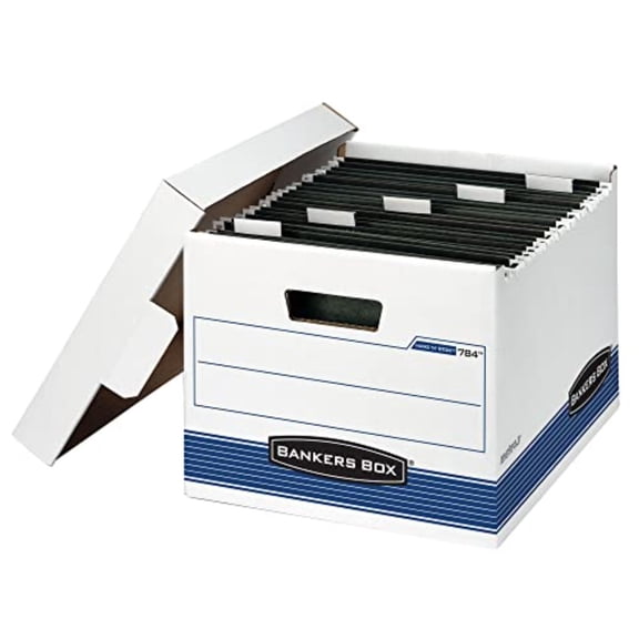 Bankers Box 4 Pack HANG'N'STOR Medium-Duty File Storage Boxes FastFold Lift-Off Lid Letter White/Blue