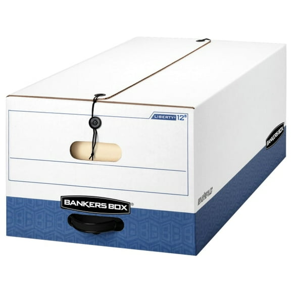 Bankers Box Liberty FastFold Heavy-Duty Storage Boxes With Locking Lift-Off Lids And Built-In Handles, Legal Size, 24" x 15" x 10", 60% Recycled, White/Blue, Case Of 4