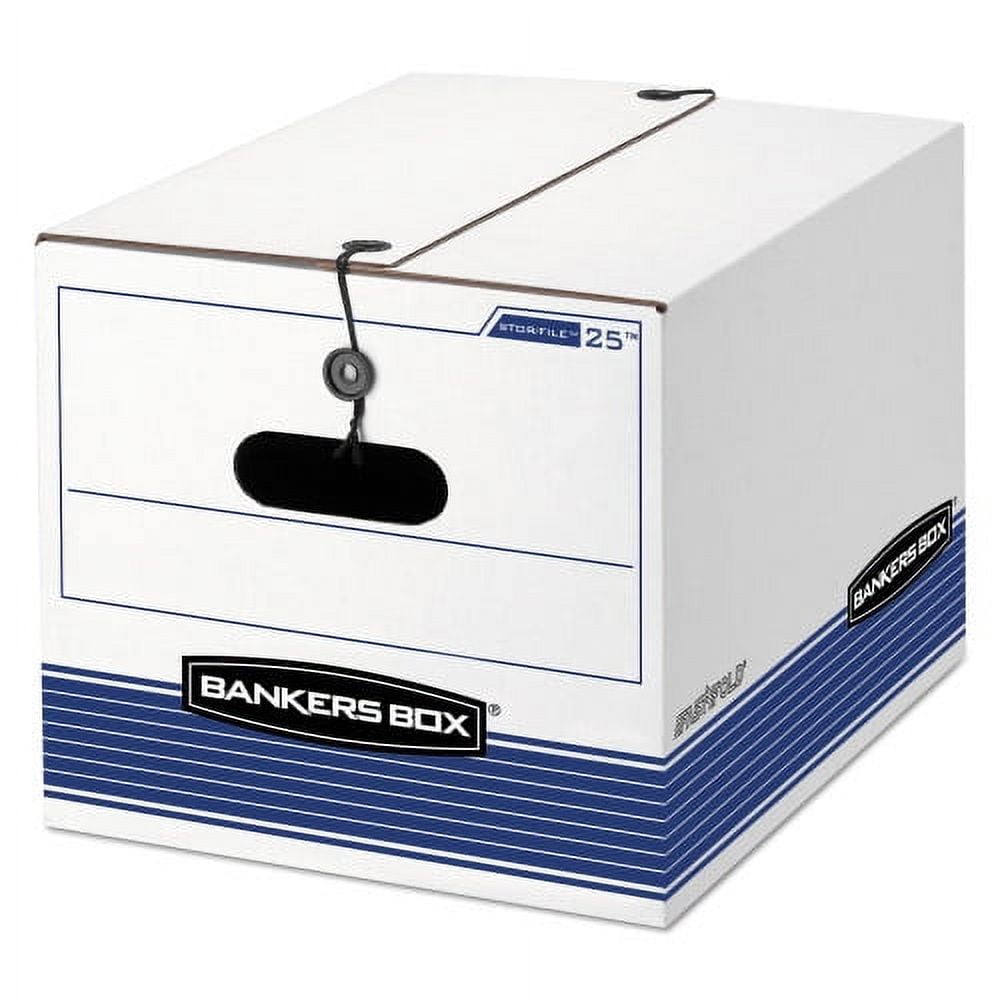 Bankers Box STOR/FILE Medium-Duty Strength Storage Boxes, Letter/Legal Files, 12.25" x 16" x 11", White/Blue, 4/Carton