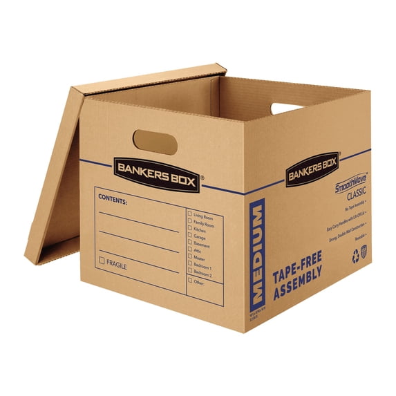 Bankers Box Smooth Move Classic Medium Moving Boxes with Lift-off Closure and Built-In Handles - Kraft Recycled