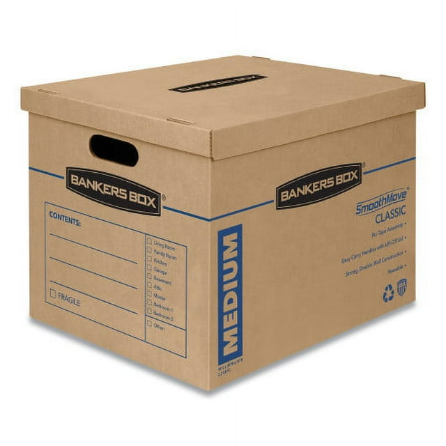 Bankers Box SmoothMove Classic Medium Moving Boxes, 8 Pack, Tape-Free Assembly, Easy Carry Handles, 18" x 15" x 14"