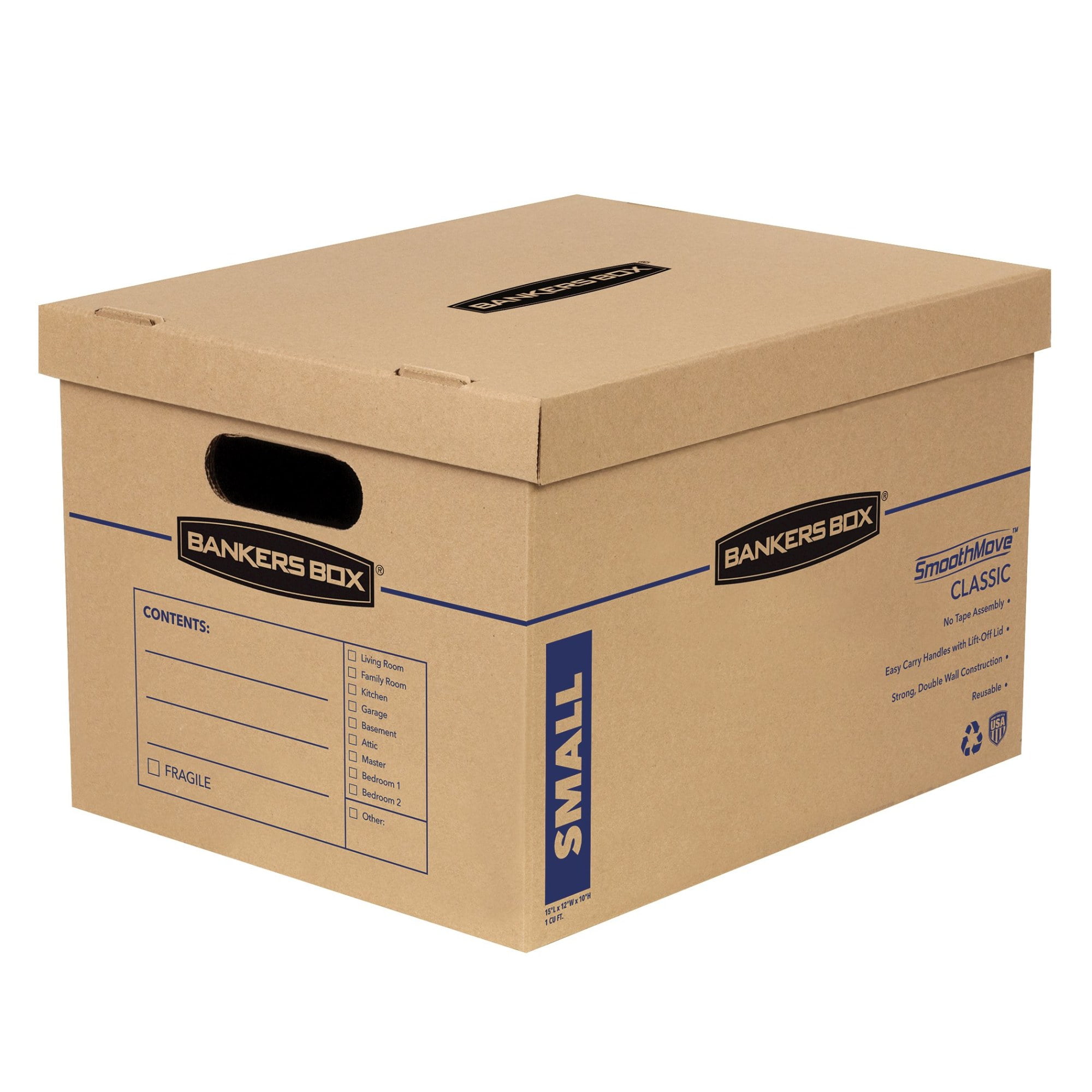 Bankers Box SmoothMove Classic Small Moving Boxes, 15l x 12w x 10h, Kraft/Blue, 10/Carton